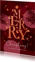 Kerstkaart typografisch 'Merry Christmas' koper kerstballen
