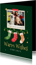 Kerstkaart warm wishes lampjes sokken zuurstok foto sterren