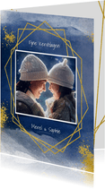 Kerstkaart waterverf blauw met goud spetters en kader foto