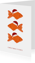 Kerstkaartje Christmas fishes met drie visjes met kerstmuts