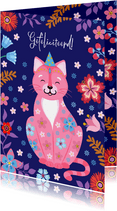 Kleurrijke en vrolijke kat verjaardagskaart met bloemen 