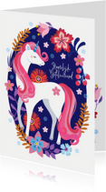 Kleurrijke unicorn verjaardagskaart met bloemen