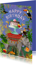 Kleurrijke verjaardagskaart met olifant met taart