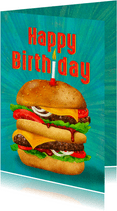 Lekkere verjaardagkaart voor jongens, hamburger met kaarsje