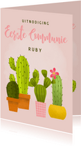 Leuke uitnodiging eerste communie met cactussen en waterverf