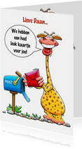 Leuke verjaardagskaart met giraf met kaartje en postbus