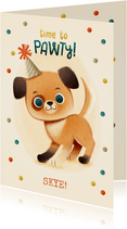 Lieve verjaardagskaart met hondje, confetti en feesthoedje