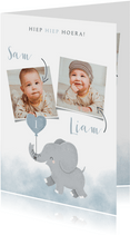 Lieve verjaardagskaart voor tweeling met olifantje en foto's