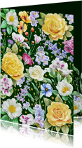 Mooie bloemenkaart met gele rozen en diverse andere bloemen