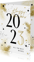 Nieuwjaarskaart 2023 zwart-wit met takjes en sterren