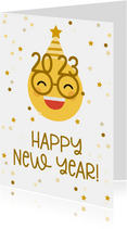 Nieuwjaarskaart happy new year emoji met 2023 bril
