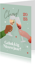 Nieuwjaarskaart illustratie champagne cheers 2023 sterren