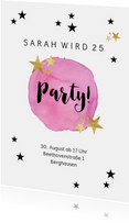 Partyeinladung mit rosa Wasserfarbe & Sternen
