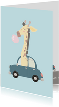 Rijbewijs felicitatiekaart met getekende giraf in de auto