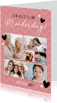 Roze moederdag fotocollage kaart met 6 foto's en hartjes