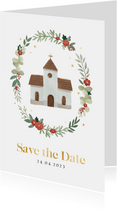 Save the date communiekaart illustratie kerk bloemen sterren