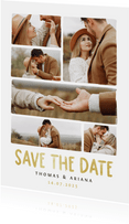 Save the date fotocollage trouwkaart met gouden tekst