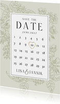 Save the date kaart klassiek kalender botanisch hart goud