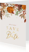 Save the date trouwkaart winter herfst bladeren goud