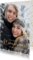 Staande nieuwjaarskaart met eigen foto en sneeuwkader