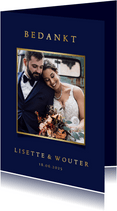 Stijlvolle blauwe bedankkaart trouwen met eigen foto en goud