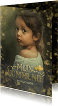 Stijlvolle communie uitnodigingskaart met gouden accenten