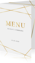 Stijlvolle menukaart communie met gouden geometrische lijnen