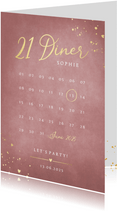 Stijlvolle oudroze 21 diner uitnodiging met kalender 
