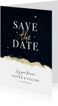 Stijlvolle save the date trouwkaart met inkt verf en goud