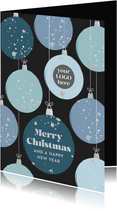 Stijlvolle zakelijke kerstkaart blauwe kerstballen en logo