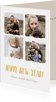 Trendy fotocollage nieuwjaarskaart met 4 foto's en namen
