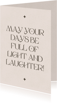 Typografische kerstkaart light and laughter zandkleur