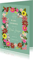 Uitnodiging babyborrel lief konijn en bloemen