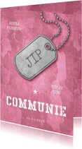 Uitnodiging communie roze stoer met legerplaatje