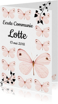 Uitnodiging Eerste Communie met lieve roze vlinders