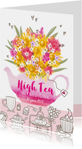 Uitnodiging high tea theepot kleurrijk boeket bloemen