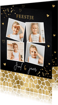 Uitnodiging kinderfeestje panterprint goudlook fotocollage