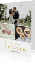 Uitnodigingskaart huwelijk fotocollage 3 foto's en confetti