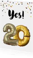 Verjaardagskaart 20 jaar ballonnen en confetti