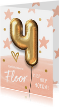 Verjaardagskaart 4 jaar ballon zalm meisje