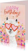 Verjaardagskaart alpaca confettiballon goud watercolour