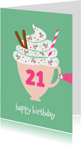 Verjaardagskaart arm met beker koffie slagroom groen