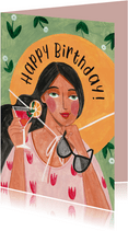 Verjaardagskaart cheers cocktail en zonnebril vrouw