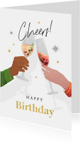 Verjaardagskaart cheers cocktails happy birthday champagne