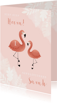 Verjaardagskaart eerste verjaardag met flamingo en jungle