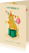 Verjaardagskaart "Happy pursssday" kat, cadeau en slingers