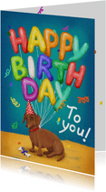 Verjaardagskaart hond met ballonnen