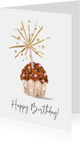 Verjaardagskaart illustratie muffin kaars sterren goudlook