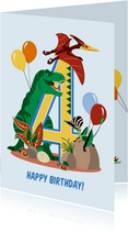 Verjaardagskaart jongen 4 jaar met dinosaurussen