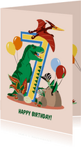Verjaardagskaart jongen 7 jaar met dinosaurussen